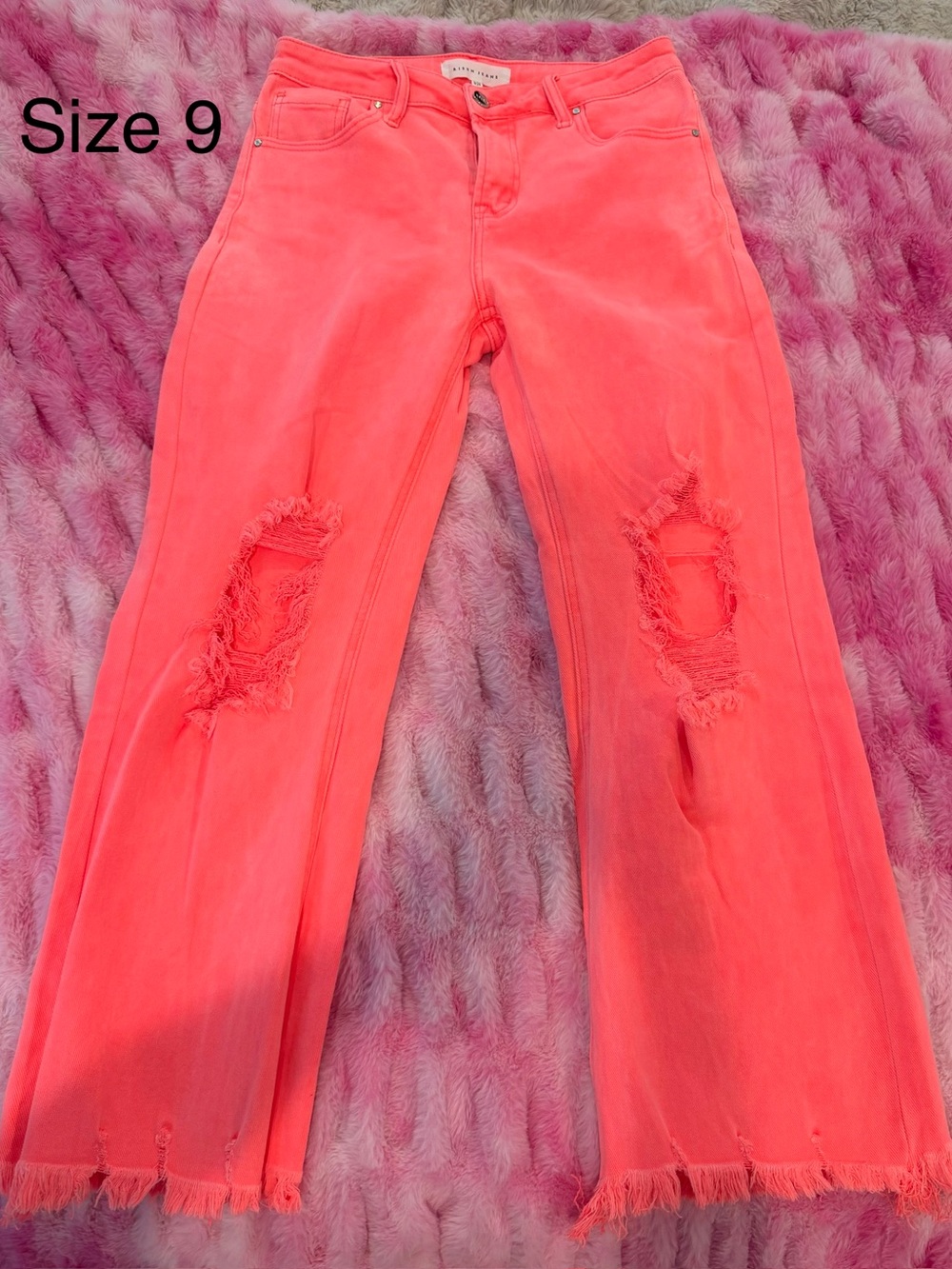 Women’s Flare Distressed Jeans in Coral Pink